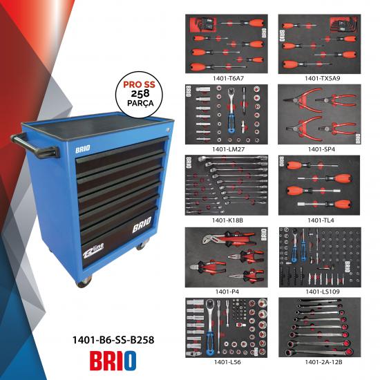 Brio Tool Trolley 6 Drawers Blue Pro Ss Ful 258 Pcs