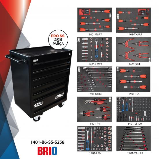 Brio Tool Trolley 6 Drawers Black Pro Ss Full 258 Pcs
